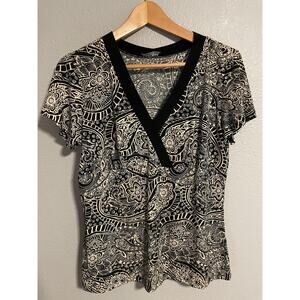 CKW Crew Knit Wear Shirt Womens Black White Paisley Short Sleeve Stretch Y2K